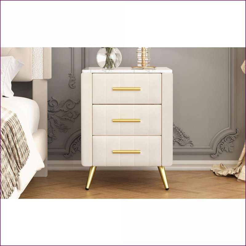 Beige Upholstered Velvet Nightstand with 3 Drawers &amp; Marbling Top