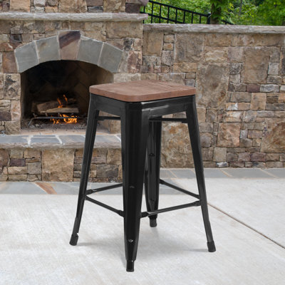Tabouret de bar en métal sans dossier de 30 po de hauteur avec siège carré en bois Margherite
