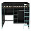 Lit mezzanine en bois pleine grandeur avec bureau, garde-robe ouverte, compartiments de rangement et lumières RVB-541752895