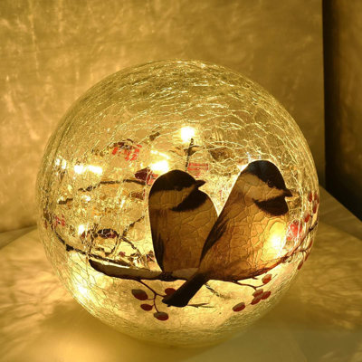 Glass Ball Night Lamp with Birds Pattern: Crackle Warm White Light - Modern Decor for Bedroom/Living Room/Nursery & More