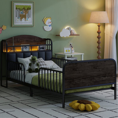 Lit en métal avec tête de lit tapissier, DEL et 21 lattes pour un lit relaxant avec lumières jumelles, soutien du cou confortable, espace de rangement