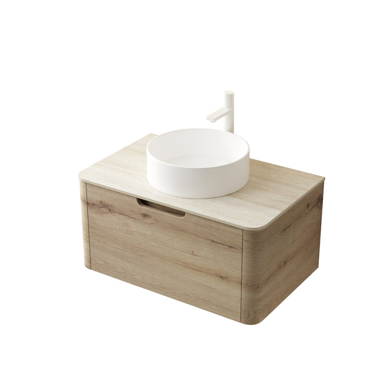 Meuble-lavabo mural en chêne blanc, lavabo rond en céramique blanche et plateau en travertin Roma, 30''