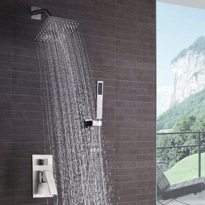 SUMERAIN Contemporary Complete Shower System with Rain Showerhead & Handheld Spray, Concealed Shower Set with Pressure Balance Valve, Brushed Nickel
