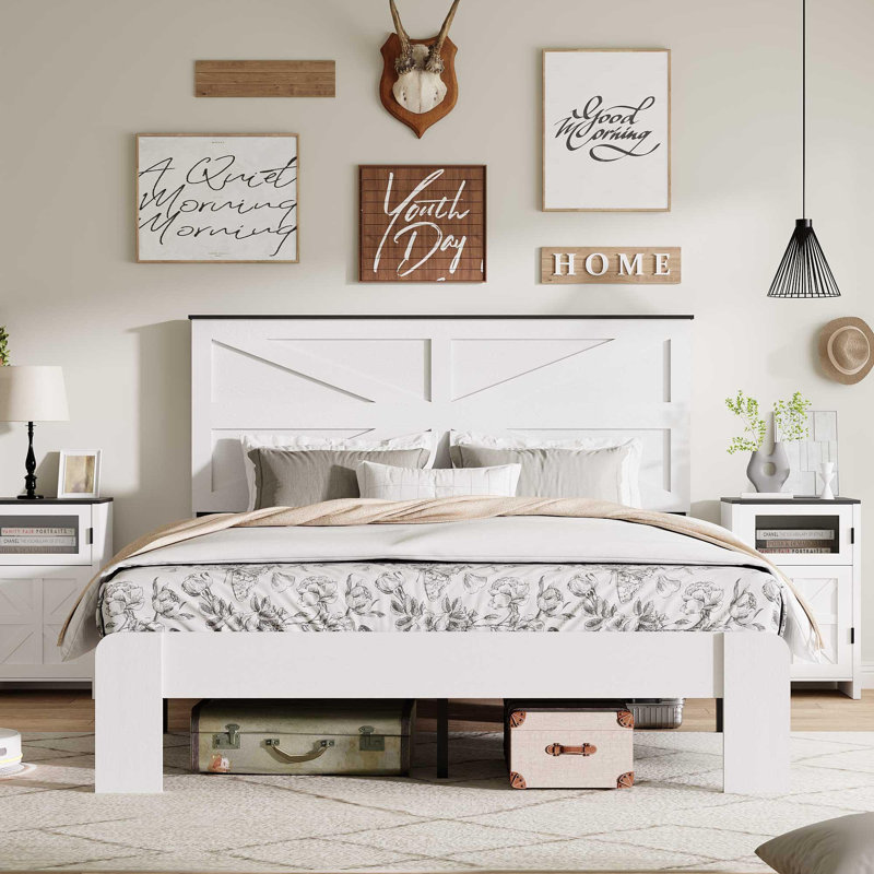 Tête de lit très grand, cadre de lit plateforme en bois, silencieux, aucun sommier nécessaire et outil d'assemblage facile, grand rangement sous le lit, blanc