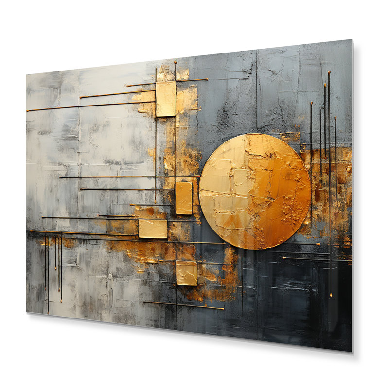 Géométrie brillante dorée grise - impression de collages abstraits sur métal, H 12 po x l 20 po