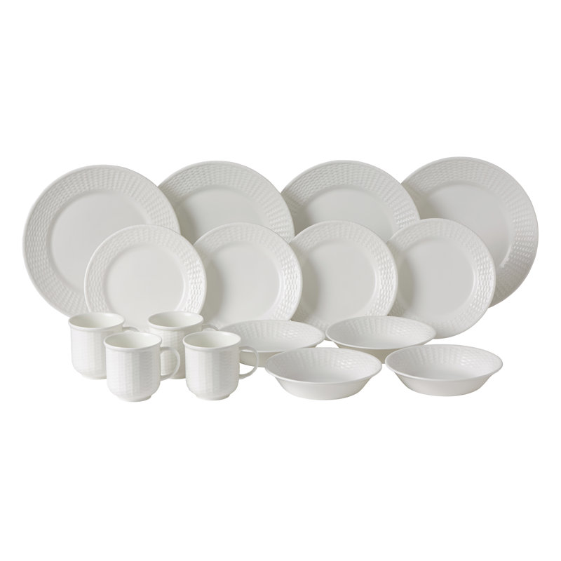 Nantucket White Porcelain 16-Piece Dinnerware Set with Textured Accent