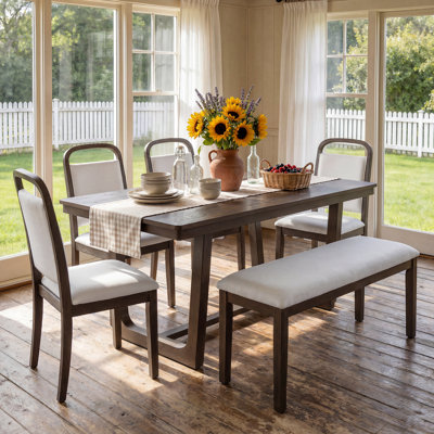 Ensemble de salle à manger 6 pièces pour 6 personnes, table de salle à manger rectangulaire en placage de chêne, 4 chaises et banc rembourrés, maison de campagne moderne, salle à manger