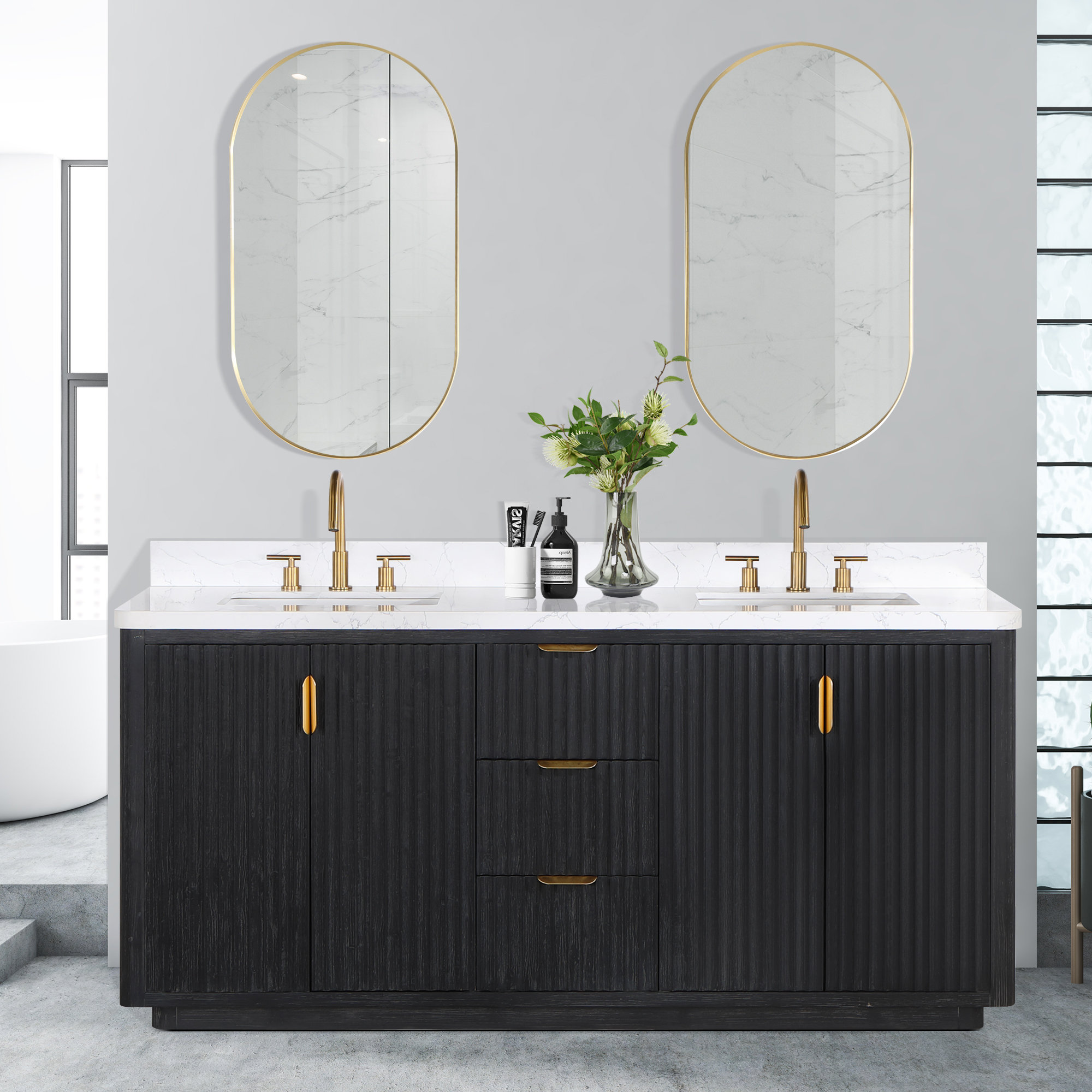 Adela 72'' Double Bathroom Vanity, Black, Gold, White