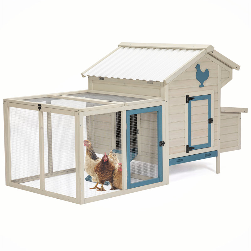 Large Beige and Blue Solid Wood Chicken Coop with Removable Bottom