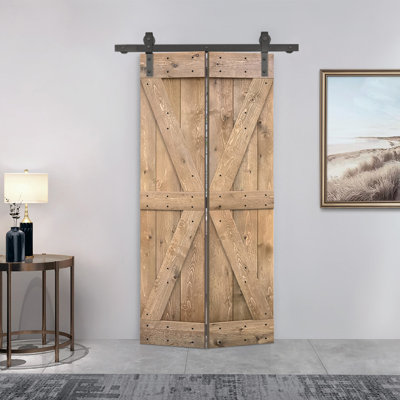 Porte de grange pliante en bois de pin avec quincaillerie coulissante