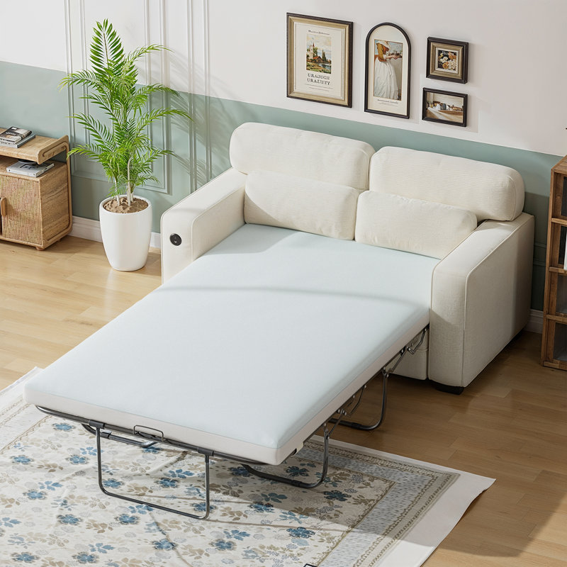 Pull Out Sofa Bed, Sleeper Sofa with 2 USB Charging Ports, Comfortable Loveseat Sleeper with Removable Covers, Beige