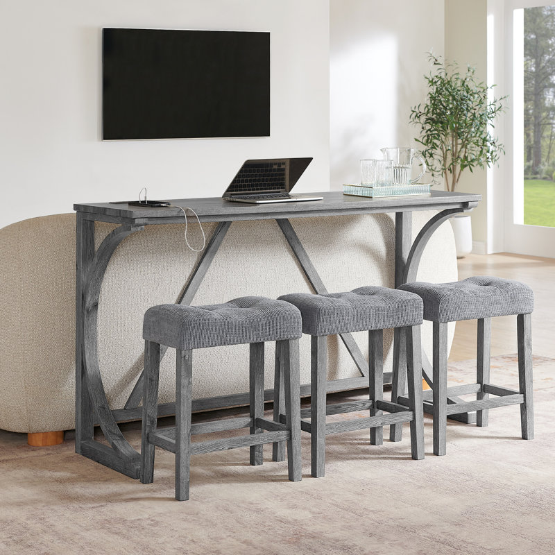 Table de bar 59 pouces et chaise avec port, 3 tabourets rembourrés, pour le salon - prise de courant à surface chauffante type C, loft 4 pièces confortable