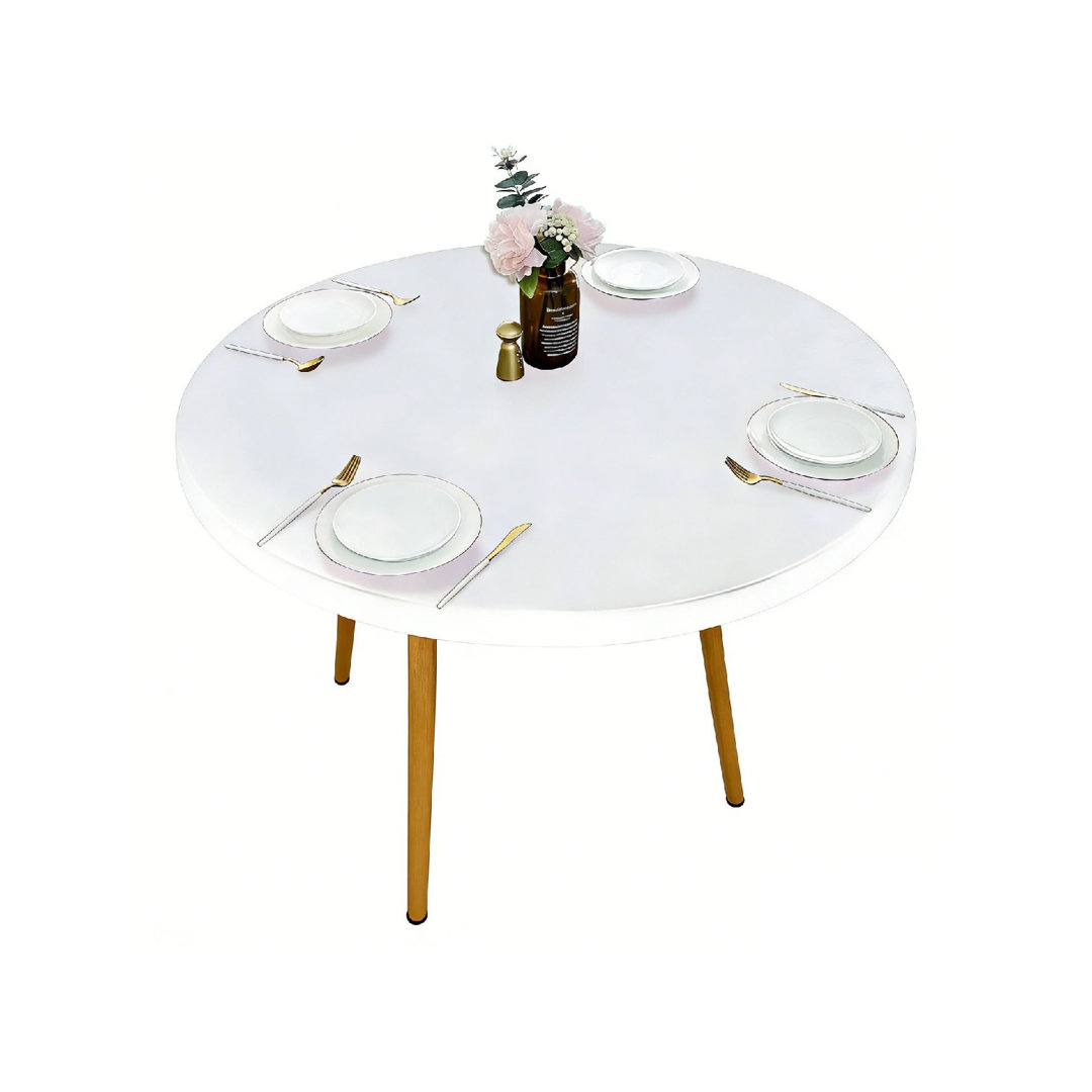 Double Design PU Round Tablecloth, Anti-Tear Wipeable Elastic Round Tablecloth (White, 40"-44" Round)