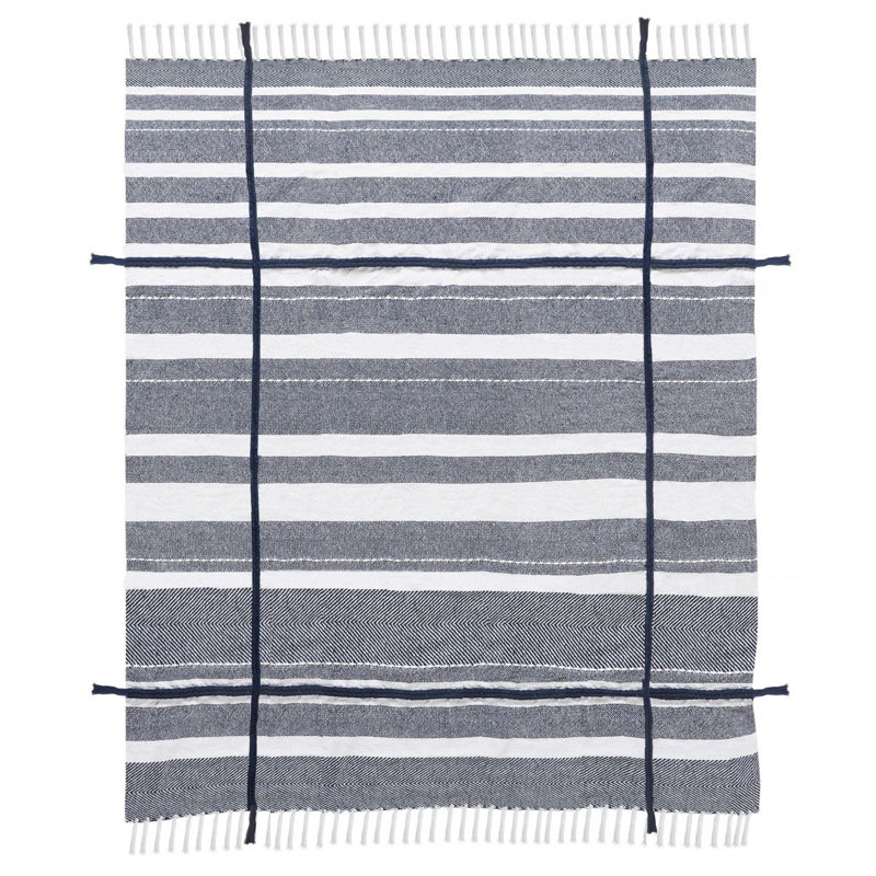 Blue And White Woven Cotton Striped Throw Blanket