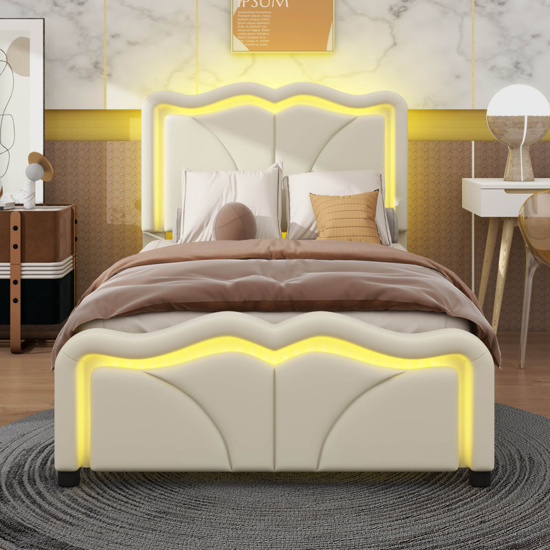 Sleek Curved Design Upholstered Platform Bed, Twin, White