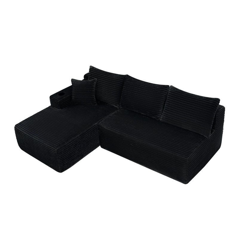Canapé modulaire 96 po avec méridienne en L 96 po, canapé modulaire moderne avec assise profonde, canapé rembourré pour la chambre à coucher du salon, aucun assemblage requis et porte-gobelet, (tissu moelleux), noir