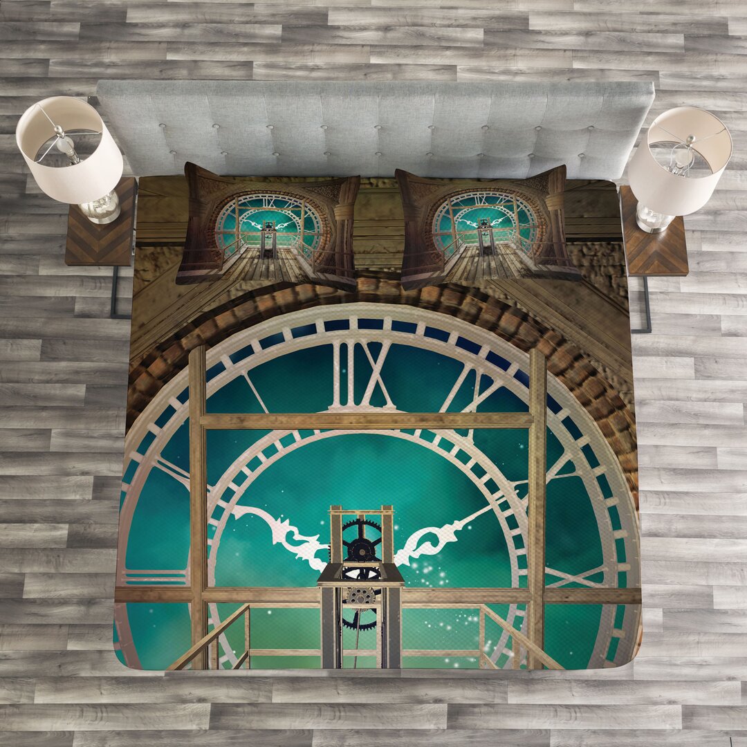 Gestepptes Bettdecken-Set, Fantasy Clock Tower, Steampunk, Pale Brown Türkis