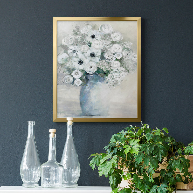 Toile encadrée blanche de qualité supérieure avec bouquet d'anémones blanches - prête à être accrochée, Or, H 20 po x l 16 po