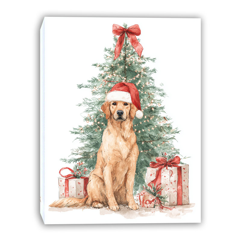 Golden Retriever sous un arbre de Noël, art mural sur toile tendue, 30 po x 40 po