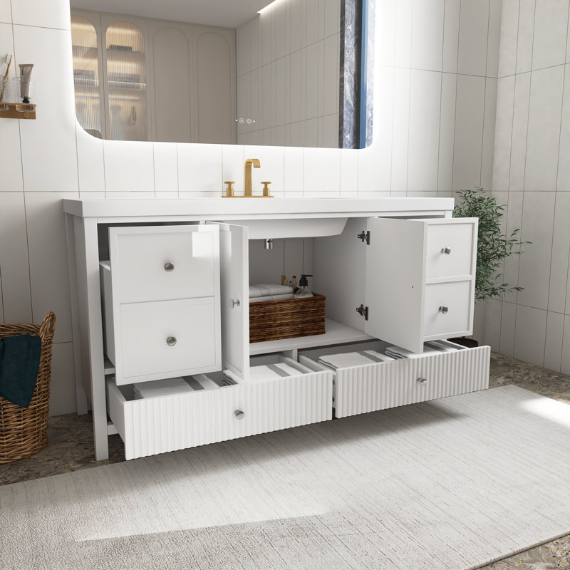 Meuble-lavabo blanc 60 po avec lavabo séparé, portes à fermeture douce et 4 tiroirs, Blanc