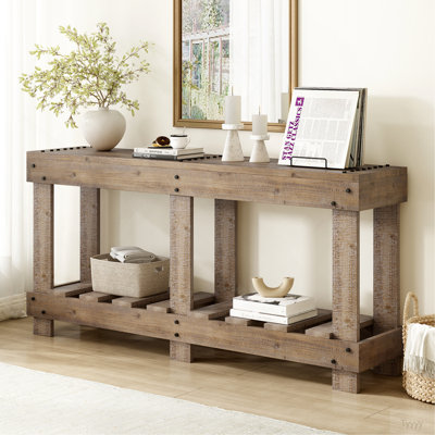62.9" Vintage Entryway Table - Fir Solid Wood With Natural Grain, 6 Reinforced Legs & 4.5" Thick Desktop, Metal Rivet Decor & Plank Under-Shelf, Console Table For Hallway, Living Room