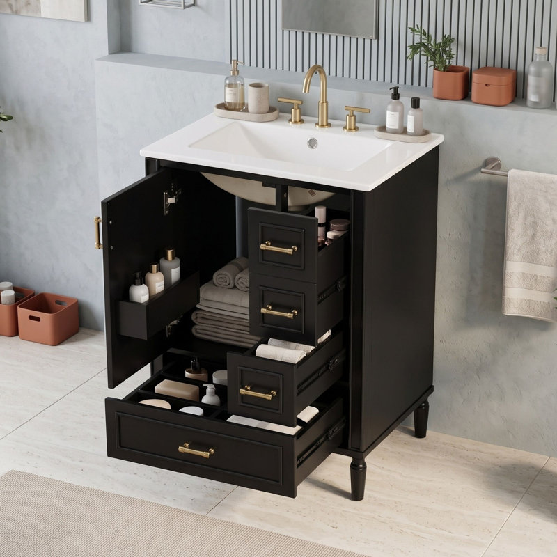 Meuble-lavabo avec lavabo simple en céramique, 3 tiroirs à fermeture amortie, poignées en alliage de zinc doré et tablette de rangement intégrée à la porte.