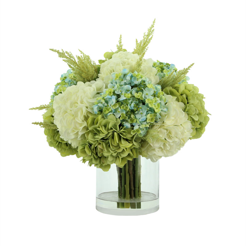 Arrangement floral hydranges dans un vase, Bleu, blanc, vert