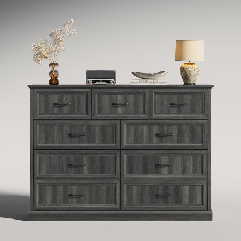 Hava 55.1"w Farmhouse 9 Drawer Dresser, Wood Chest Of Drawers With Anti-tip Design For Bedroom, Gray