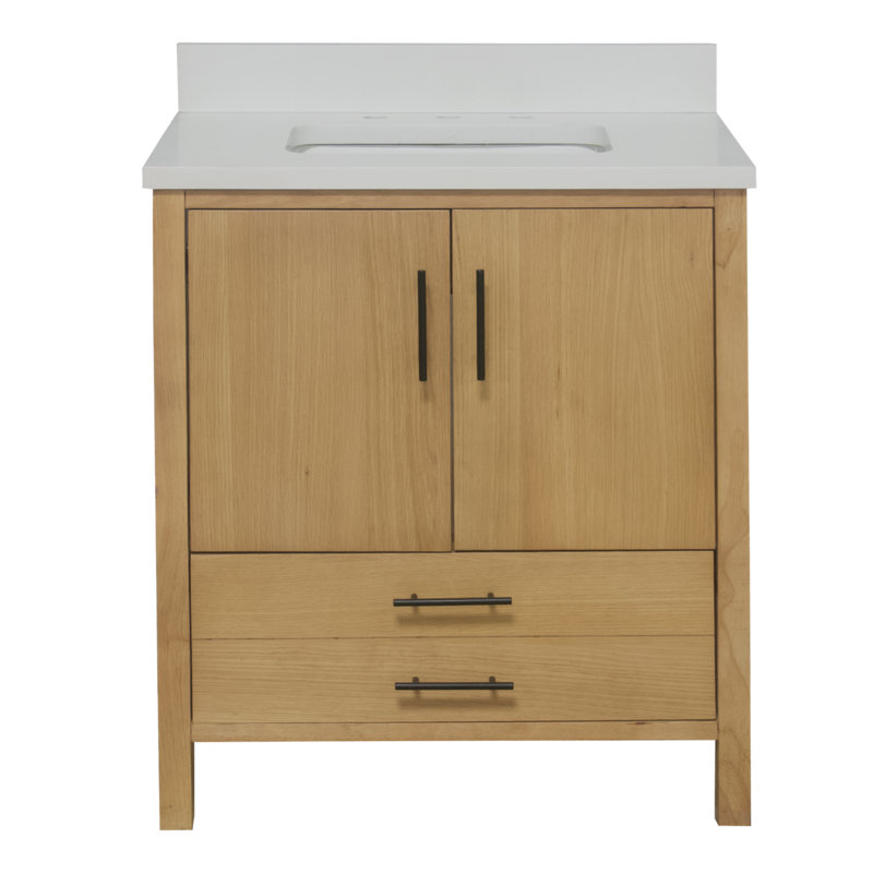 Ensemble de meuble-lavabo simple 30 po Kiara, Quartz blanc, Placage blond