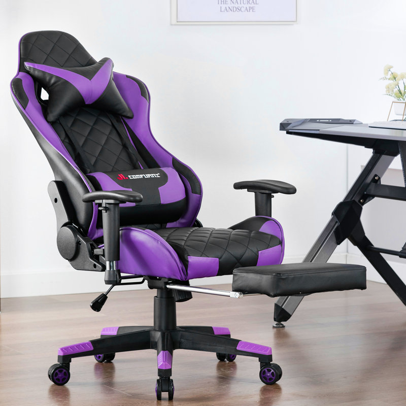 JL Comfurni Adjustable Reclining Ergonomic Faux Leather Swiveling PC & Racing Game Chair with Footrest, Purple