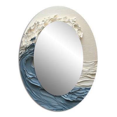 White And Blue Papercut Style Wave IV - Large Oval Wall Mirror On Metal