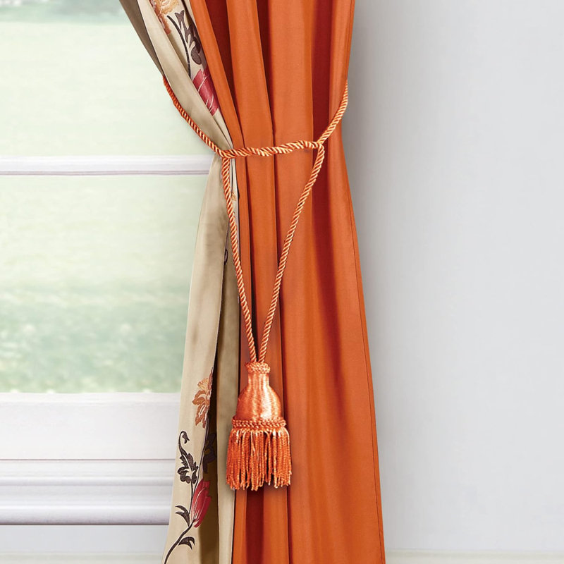 Autumn Floral Embroidery Taupe and Orange Polyester Window Curtain Set