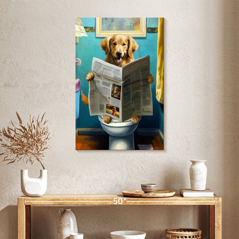 Golden retriever sur une toilette sur toile, H 36 po x l 24 po x P 1,25 po