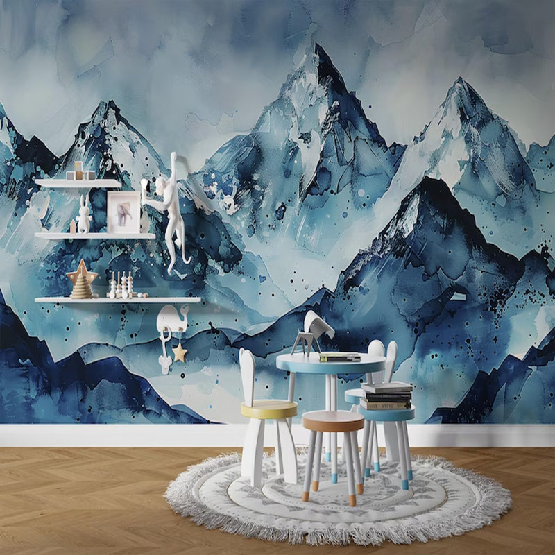 Abstract Blue Alpine Mountain Wall Mural, 9.83" L x 236" W