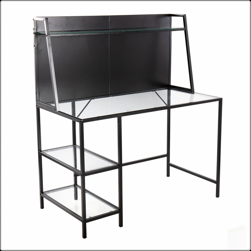 Bureau contemporain Geo Tier avec grand plateau en verre et plusieurs tablettes pour les espaces de travail modernes