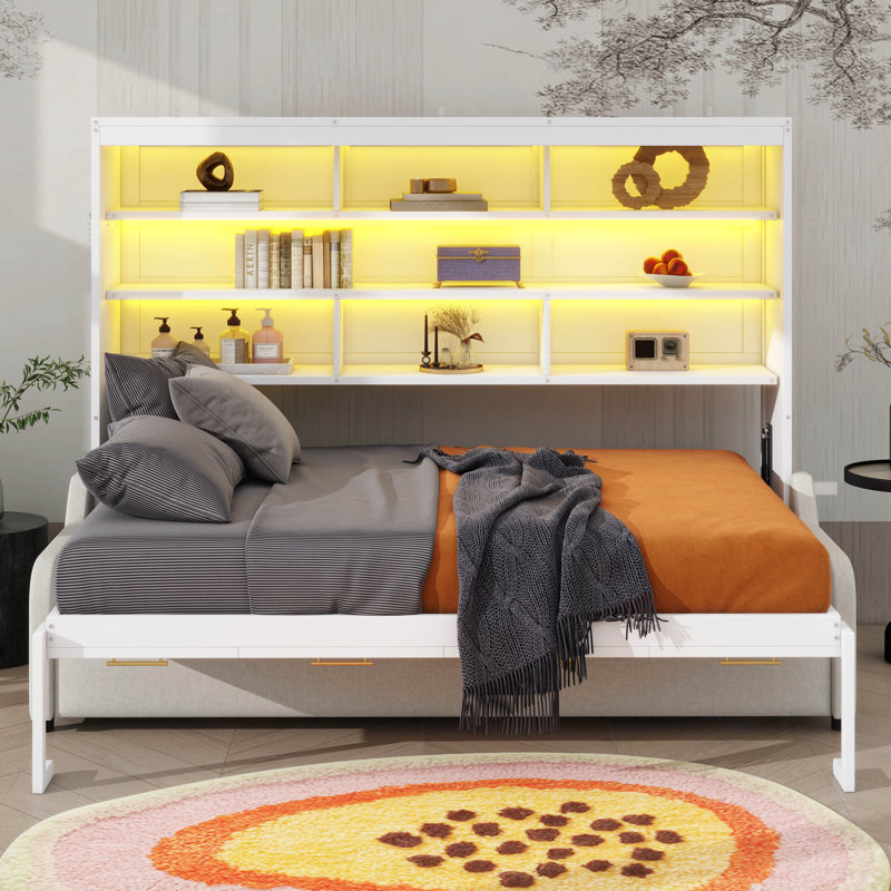 Lit escamotable mural Murphy avec canapé transformable, supports de rangement intégrés et DEL rayonnante, Lit double