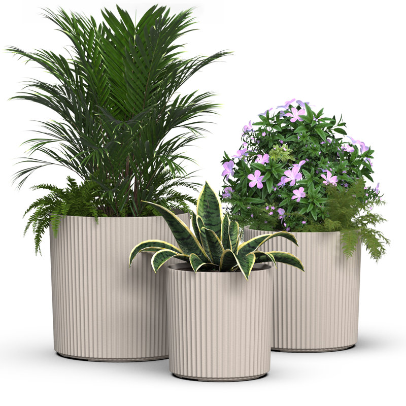 Byron Ribbed Round Planter - Set of 3 (10in, 12in, and 14in), Cream