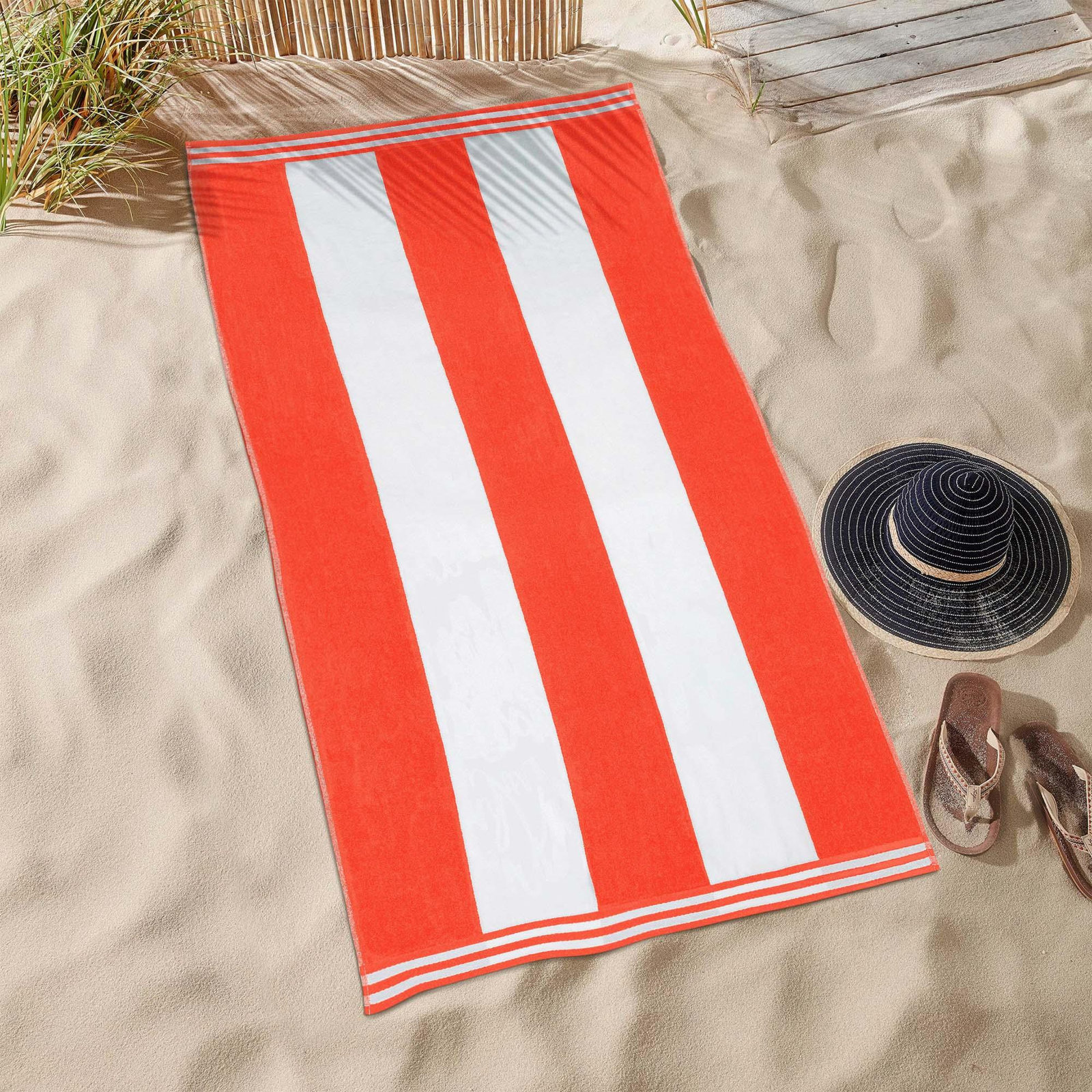 Oversized Cabana Striped Cotton Beach Towels, Coral, 1
