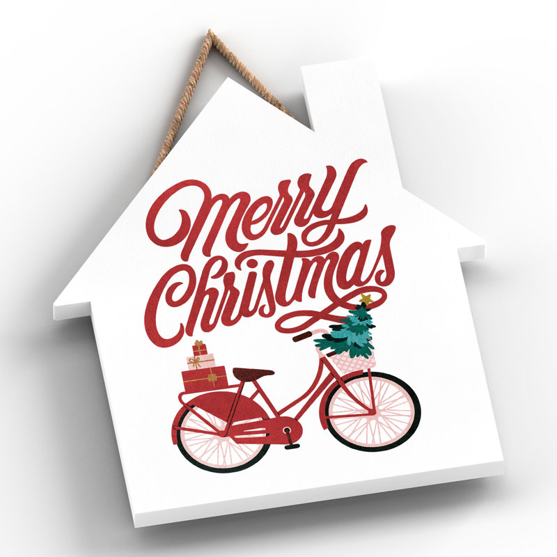 Xmas Merry Christmas Bicycle Wooden House Plaque, 18.5cm H x 16cm W x 0.9cm D