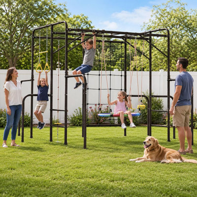 Jungle Gym extérieure, avec barres à singes, barres de gymnastique et balançoire à trapèze, capacité de poids de 500 lb, ensembles de balançoire pour la cour arrière avec filet d'escalade et échelle de corde.