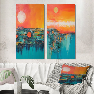 Minimalisme bleu et orange couchers de soleil Embrace I - Minimalisme abstrait, ensemble de 2 reproductions d'art en métal