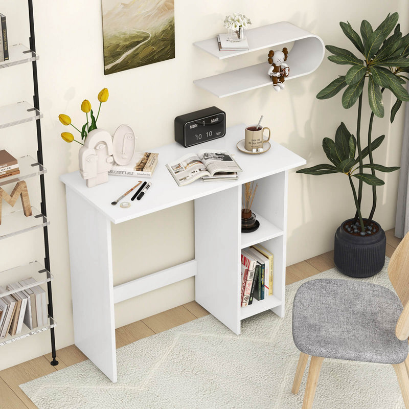 Ebern Designs Small Computer Desk With Storage Modern Writing Desk With Adjustable Shelf, White