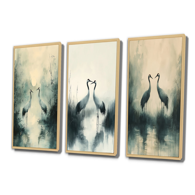 Cranes in the Misty Marsh I - Collection moderne de reproductions sur toile, H 40 po x l 60 po, Impression encadrée flottante