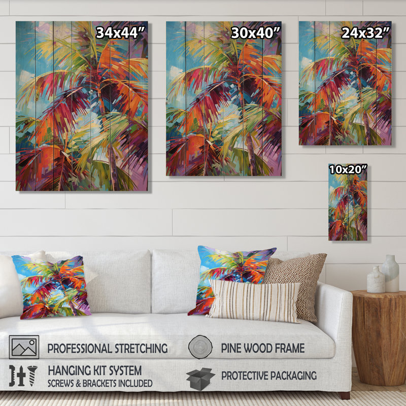 Popart palmiers II sur bois, H 40 po x l 30 po x P 0,78 po