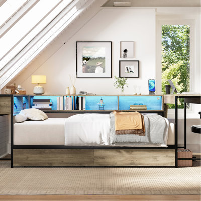 Corner Twin Bed Frame With Integrated Bookcase And 2 Underbed Storage Drawers, Grey, Led Charging Station For Bedroom Relaxation Size Entertainment