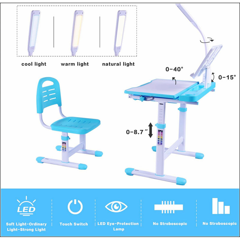 Ensemble de bureau pour enfants avec table réglable et bureau à hauteur réglable, bureau inclinable à 40 degrés pour enfants, éclairage DEL