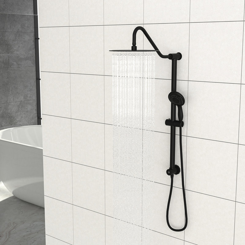 Système de douche à 5 fonctions, noir mat. Tête de 10 pouces et barre coulissante de 26,3 po. Installation murale simple. Pluie, massage, modes à bulles. Comprend la tête, la douchette et le boyau. Facile à nettoyer avec la buse. Non