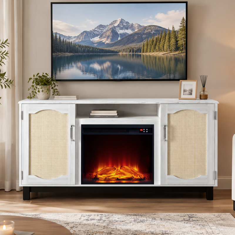 Brammer Rustic Rattan TV Stand for TVs up to 65", Electric Fireplace Included, White, White