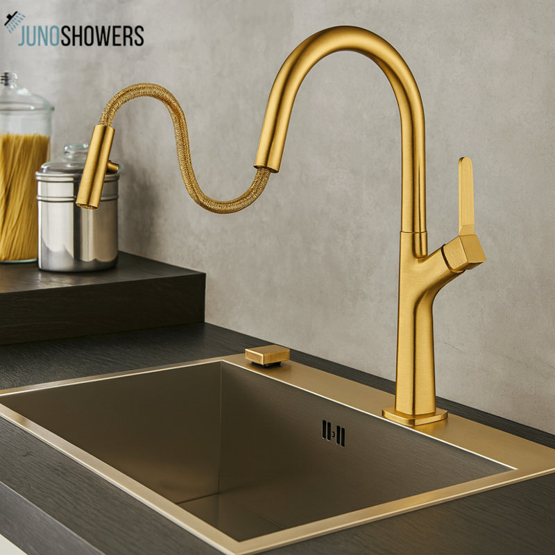Juno Gray Finish Commercial Black Deck Mounted Single Handle Pull Out Kitchen Faucet, Gray