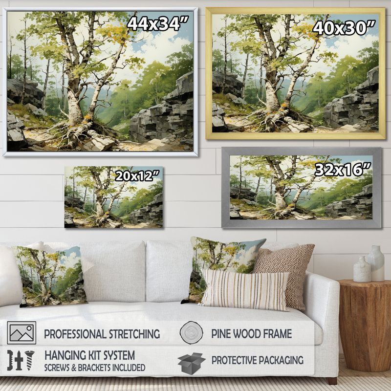 Birch Tree Forest Essence 4 - Art mural arbre, H 34 po x l 44 po x P 1,5 po, Cadre d'angle fermé noir